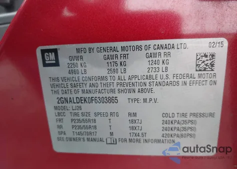 2015 Chevrolet Equinox Ltz из США, поврежденный, VIN 2GNALDEK0F6303865